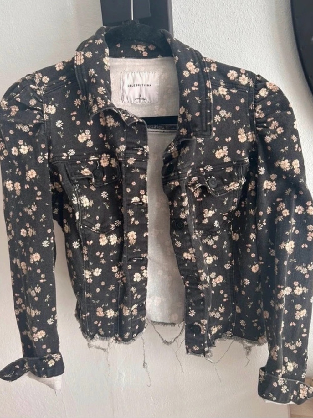 Celebrity Pink Black Floral Cropped Denim Jacket